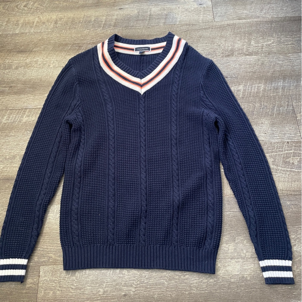 Club Room‎ Navy V-Neck Sweater with Red and White Stripes